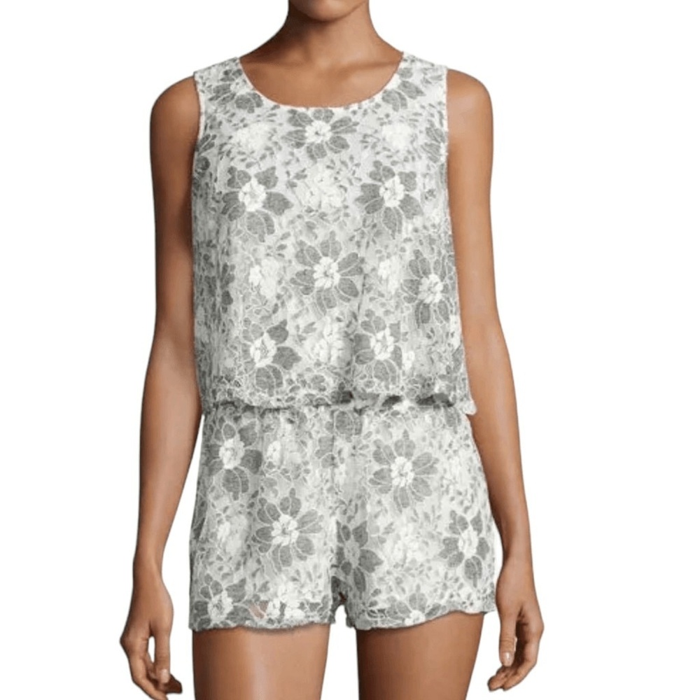 JOA Romper Womens SM White Grey Sleeveless Floral Lace Cut Out Back Boho Chic